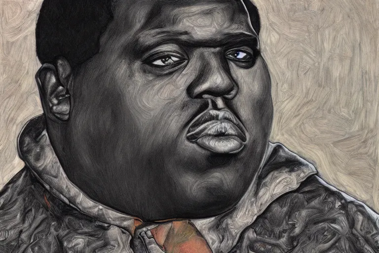 Image similar to a realistic portrait of biggie smalls in style of egon schiele, masterpiece, hyperdetailed, complex, intricate, 4 k, trending on artstation