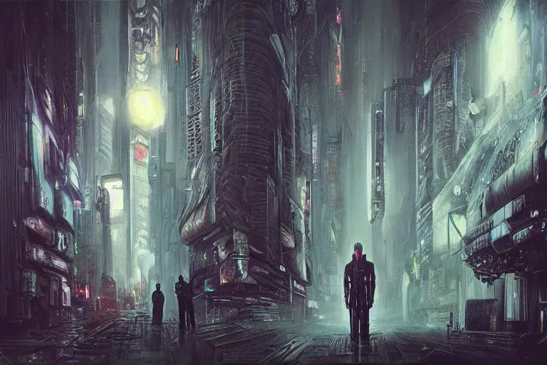 Image similar to highly detailed concept art of blade runner characters, dystopian post - apocalyptic retrofuturistic neon vibe, an ultrafine detailed painting by hans giger and wayne barlowe, trending on deviantart, pop surrealism, whimsical, lowbrow, perfect symmetrical face, sharp focus, octane, masterpiece