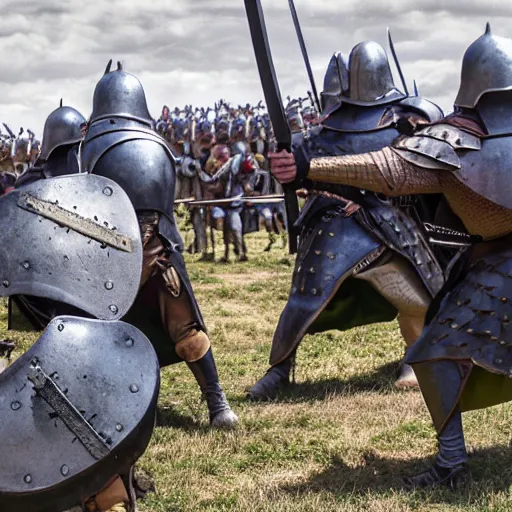 Image similar to film-still shot of a medieval battle, XF IQ4, 150MP, 50mm, f/1.4, ISO 200, 1/160s, natural light, Adobe Photoshop, Adobe Lightroom, DxO Photolab, Corel PaintShop Pro, rule of thirds, symmetrical balance, depth layering, polarizing filter, Sense of Depth, AI enhanced