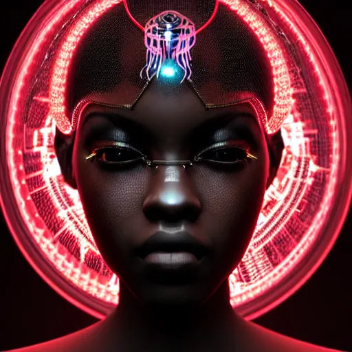 Image similar to portrait of an absurdly beautiful, graceful, sophisticated, fashionable black cyberpunk mechanoid gravure idol, hyperdetailed illustration by irakli nadar, adut akech, matt wisniewski style, intricate linework, dark black porcelain skin, jellyfish headdress, unreal engine 5 highly rendered, global illumination, red light, detailed and intricate environment