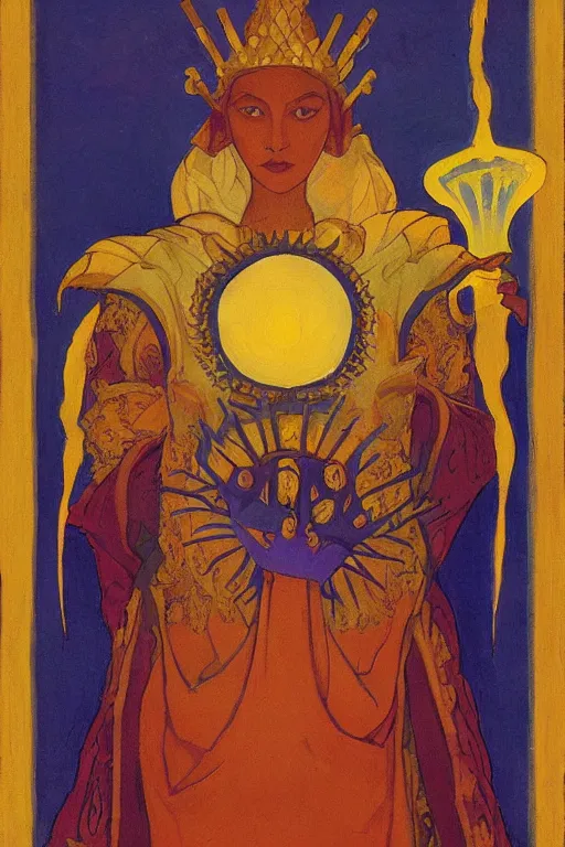 Image similar to lizard queen with her crown and lantern, by Nicholas Roerich and Annie Swynnerton, dramatic cinematic lighting , ornate headdress , flowing robes, sacred artifacts, lost civilizations, smooth, sharp focus, extremely detailed