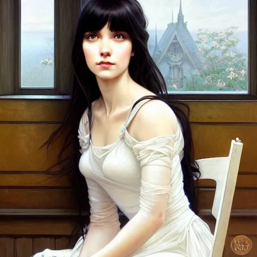 Image similar to a beautiful girl with long dark hair and bangs, wearing a white dress, sitting alone in a cafe, fantasy, intricate, elegant, highly detailed, digital painting, artstation, concept art, matte, sharp focus, illustration, art by Artgerm and Greg Rutkowski and Alphonse Mucha