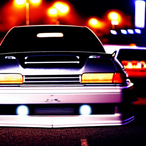 Image similar to a car JZX100 twin turbo drift at illegal car meet, Shibuya prefecture city midnight mist lights cinematic lighting photorealistic highly detailed wheels, high detail