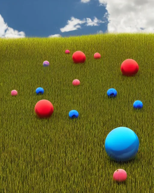 Prompt: glass orbs and multicolored shapes sit and float in a grassy scenic valley with blue skies, 1 9 8 0 s cgi