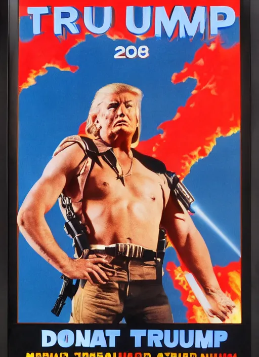 Image similar to an 8 0's john alvin action movie poster of donald trump starring in trumpster fire. explosions.