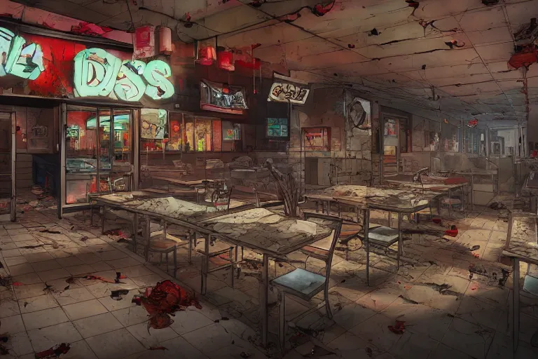 Image similar to the abandoned fast food restaurant of the dead, demons, hell, artstation