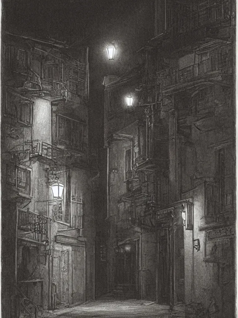 Image similar to a nightscene with a dark alley at the end an illuminated door in the style of hiromasa ogura