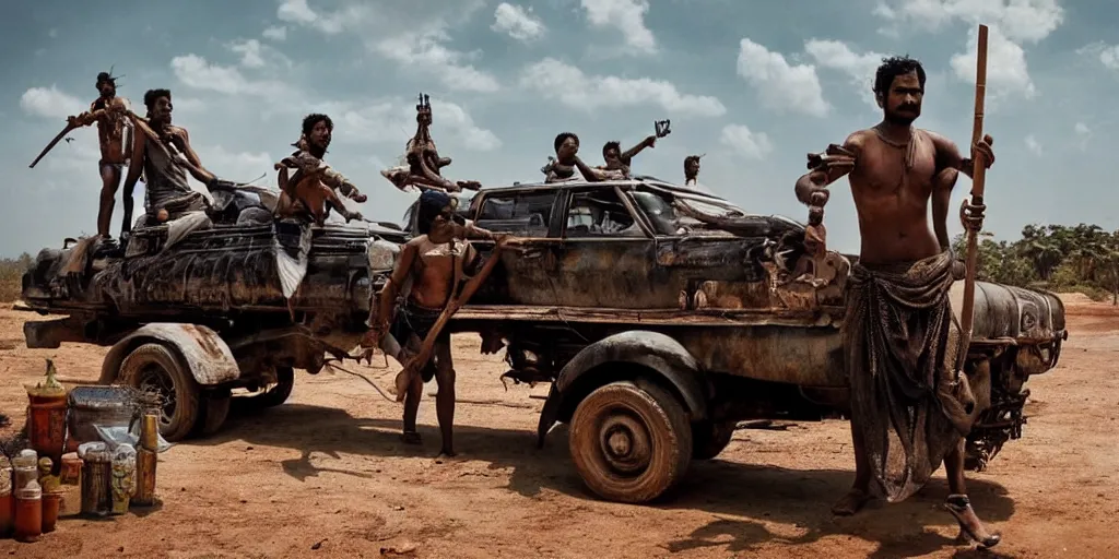 Prompt: sri lankan mad max style, playing bongo drum, on top of a truck, film still, epic shot cinematography, rule of thirds