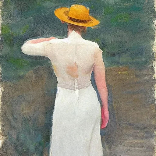 Image similar to woman with hat, back view, wedding dress, by dennis miller bunker