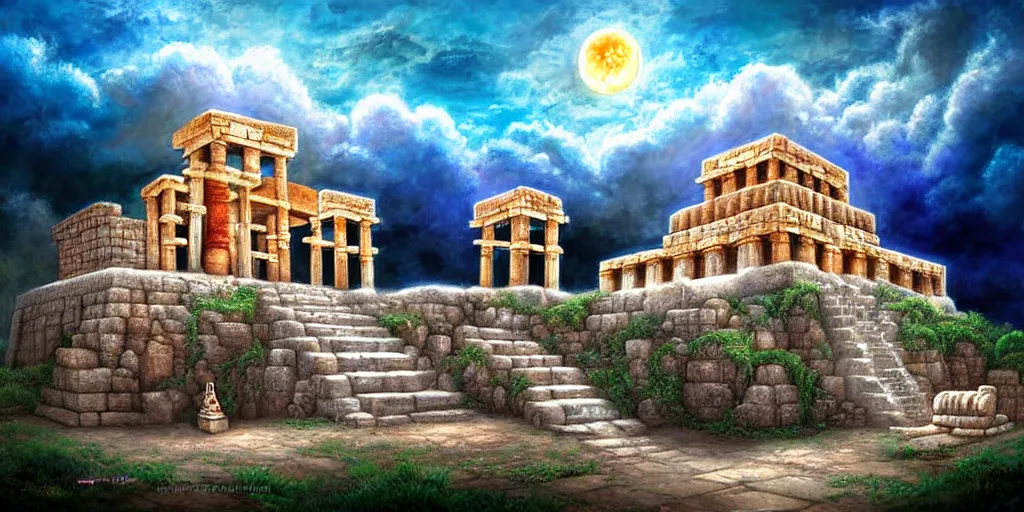 Image similar to illusion painting hidden temple in the clouds : an adorable small fox in the huge ruins of the second temple in jerusalem. a new temple hovers quietly hiding in the dreamy clouds above. a hooded bearded old man in a brown tunic laughing, colorful 8 k, art station, intricate superb details, digital art, illusion painting hidden image.