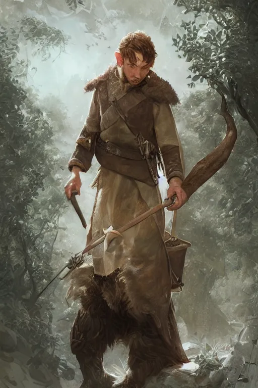Image similar to A beautiful digital painting of a male hobbit ranger, intricate, cinematic lighting, highly detailed, digital painting, Artstation, concept art, smooth, sharp focus, illustration, art by Tom Bagshaw, Artgerm and Greg Rutkowski