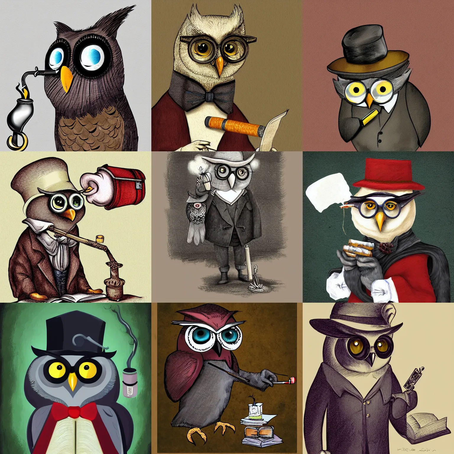 Prompt: a stern-looking owl dressed as a librarian and smoking a pipe, digital art