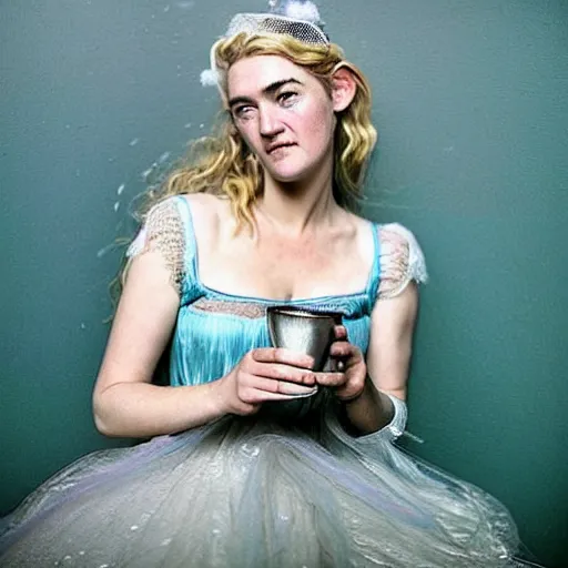 Prompt: A 18th century, messy, silver haired, (((mad))) elf princess (look like ((young Kate Winslet))), dressed in a //lacy// ((ragged)), wedding dress, is ((drinking a cup of tea)). Everything is underwater! and floating. Greenish blue tones, theatrical, (((underwater lights))), high contrasts, fantasy water color, inspired by John Everett Millais's Ophelia