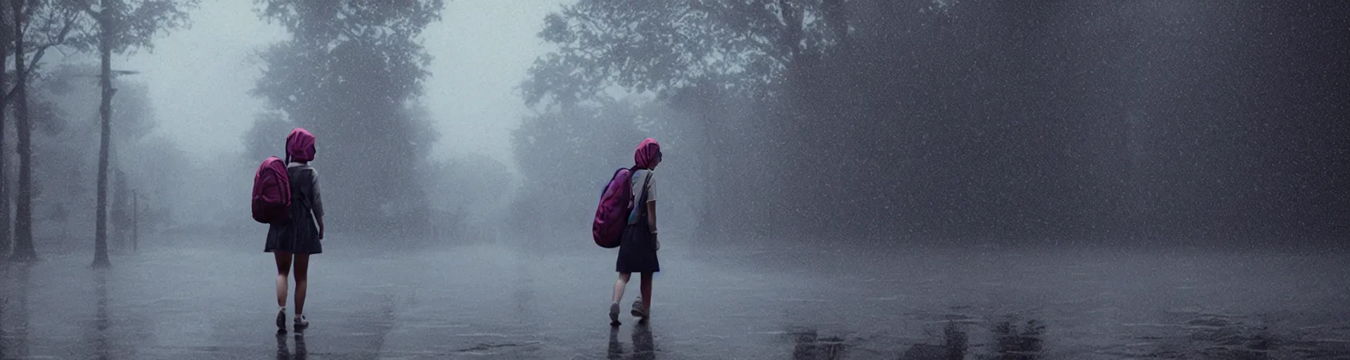 Image similar to girl with a backpack on her head walks in heavy rain, a shot from the movie, beeple - style cinematic