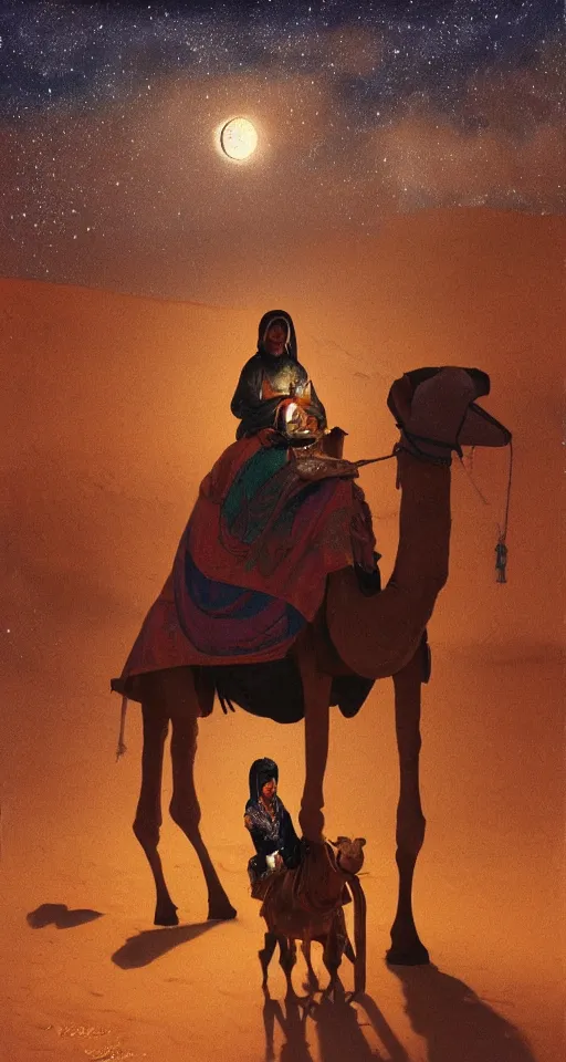 Image similar to an arabian merchant rides her camel in the desert at night, soft glow from a lantern, moon and stars in night sky, stunning, detailed oil paint