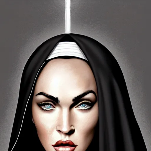 Prompt: portrait of megan fox as a nun, in tight black robe, muscular upper body, collar, greek, jewelry, black dress, fantasy, intricate, elegant, highly detailed, digital painting, artstation, concept art, matte, sharp focus, illustration, art by aenaluck and roberto ferri and greg rutkowski, epic fantasy, digital painting