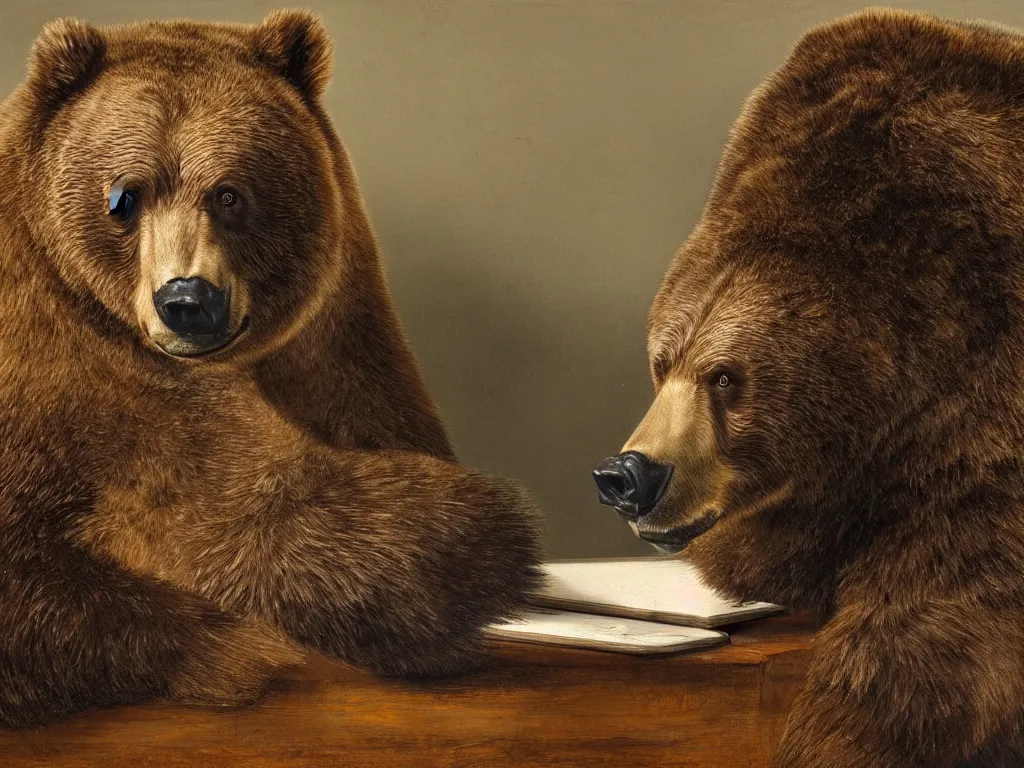 Prompt: a bored grizzly bear sitting at a desk in front of an iMac, painting by Rembrandt, 4k