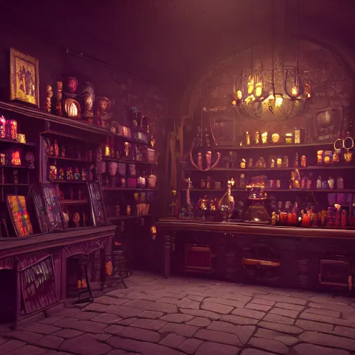 Prompt: inside a magical item shop, fantasy potion vendor interior, dark art, gothic interior, small details, 8K, octane render, unreal engine