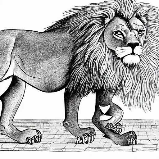 Prompt: Once upon a time there was a jungle where a lion appears in the middle of an esplanade, drawing sheet for coloring, thick black line, well defined, simple drawing
