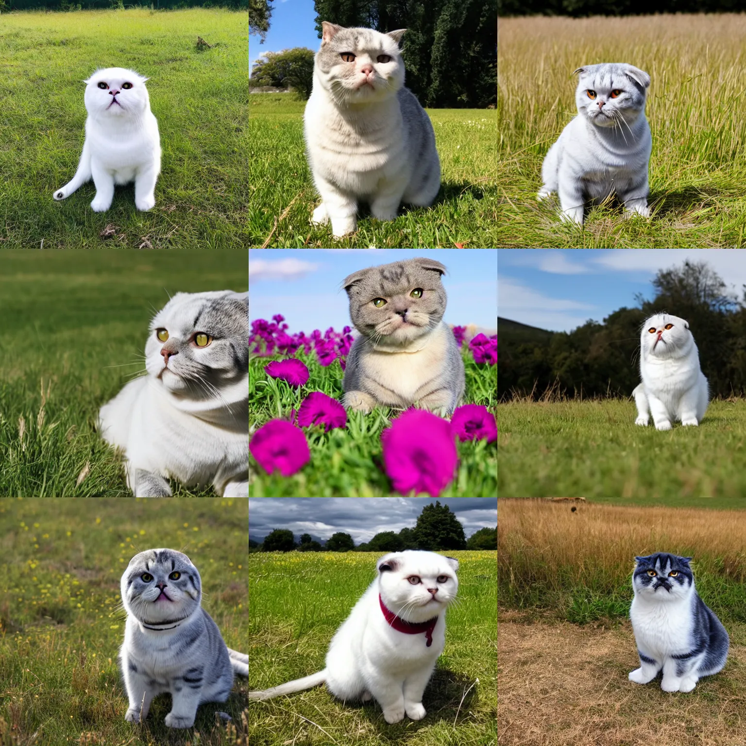 Prompt: scottish fold sitting in the middle of sunny meadow