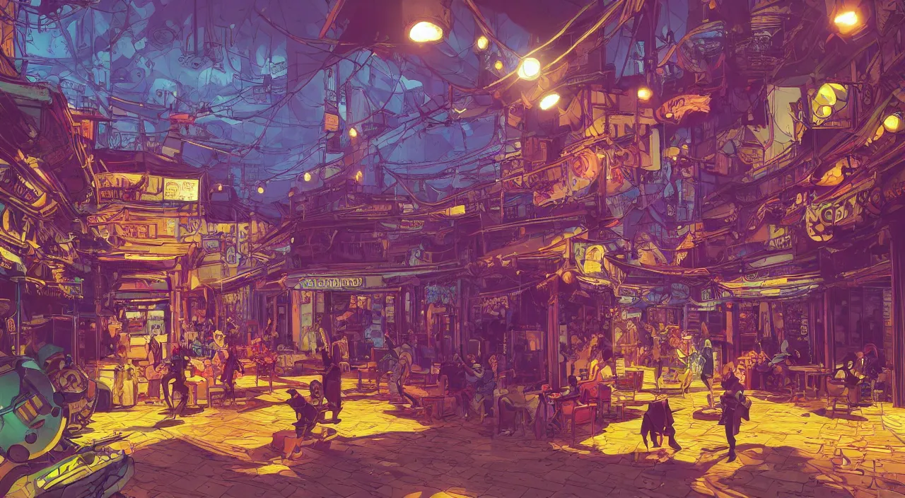 Image similar to bazaar zouk oriantal full color sky shine place mosquet painting stylized digital illustration video game icon global illumination ray tracing that looks like it is from borderlands and by feng zhu and loish and laurie greasley, victo ngai, andreas rocha, john harris