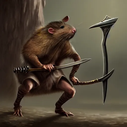 Image similar to antropomorphic rat character buying a sword made out of bone from a trader rat, fantasy art, digital art, fantasy art, matte painting