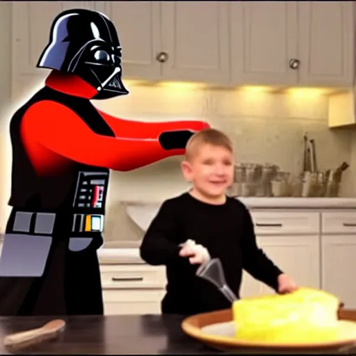 Image similar to darth vader cooking lasagna, cooking show