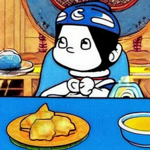 Prompt: doraemon eating samosa, manga!! style