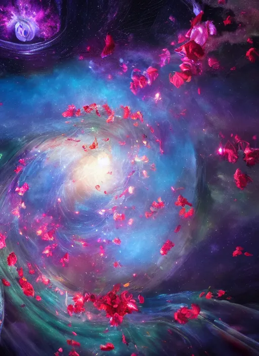 Prompt: An epic fantastic realism comic book style painting of the most beautiful spiraling flowers launched across the dark and starry Universe, floating bouquets, nebula, fisheye, unreal 5, DAZ, hyperrealistic, octane render, dynamic lighting