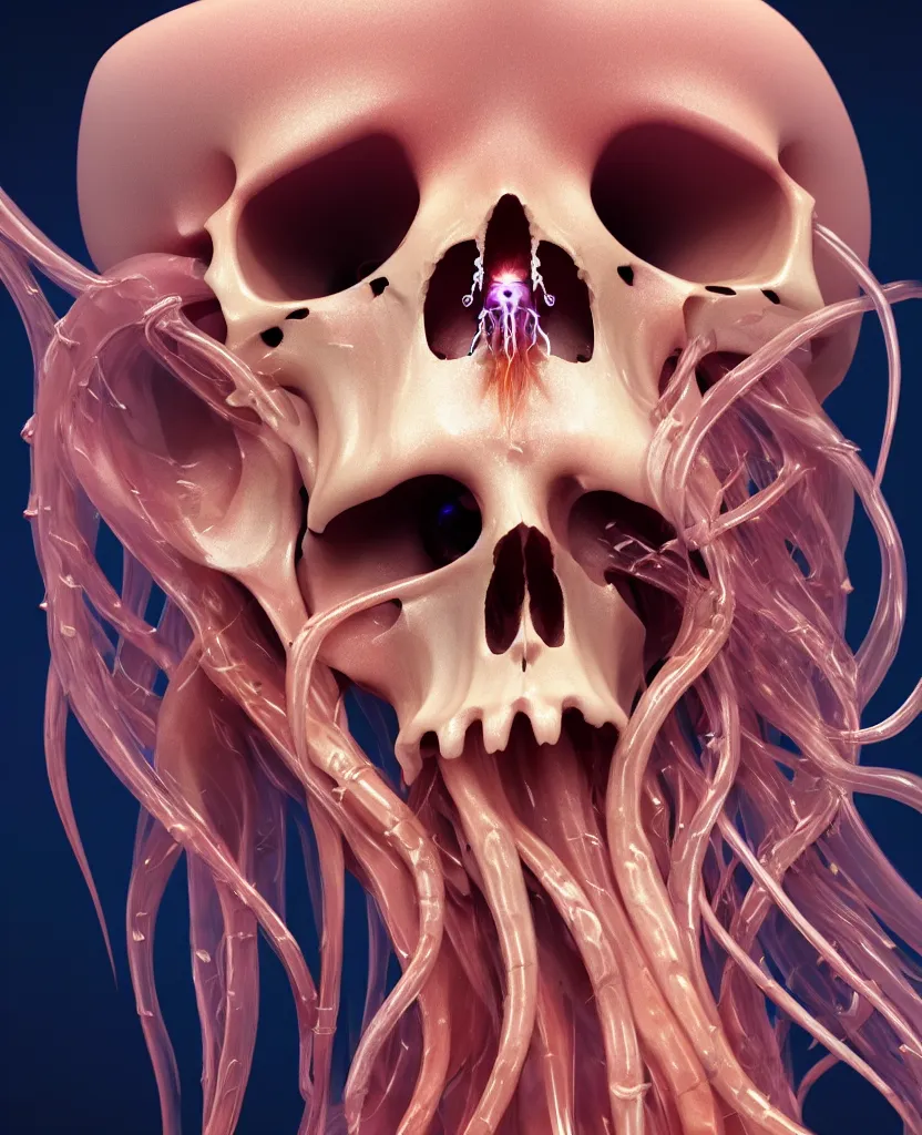 Image similar to goddess close-up portrait animal skull. jellyfish phoenix head, nautilus, orchid, skull, betta fish, bioluminiscent creatures, intricate artwork by Tooth Wu and wlop and beeple. octane render, trending on artstation, greg rutkowski very coherent symmetrical artwork. cinematic, hyper realism, high detail, octane render, 8k