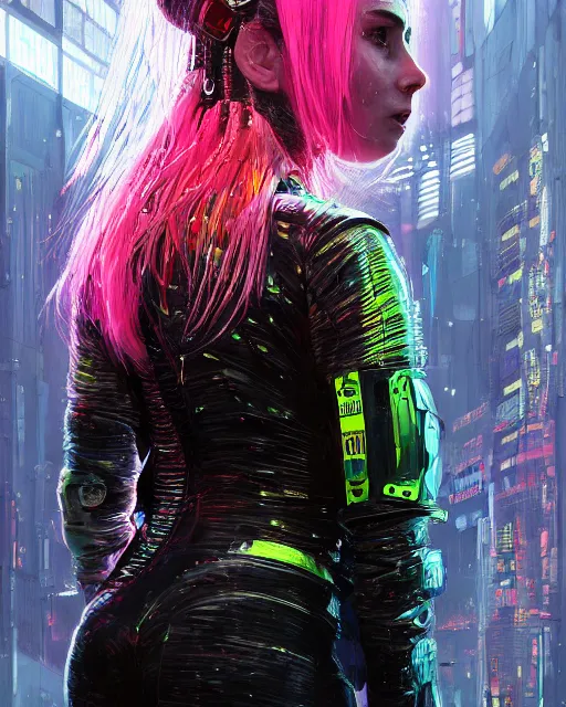 Prompt: detailed portrait Neon guard woman with long straight blonde hair seen from the back, cyberpunk futuristic, reflective puffer jacket, black leggings, decorated with traditional ornaments in front of a dystopian crowd with piles of garbage by Ismail inceoglu dragan bibin hans thoma, Perfect face, fine details, realistic shaded, fine-face, pretty face