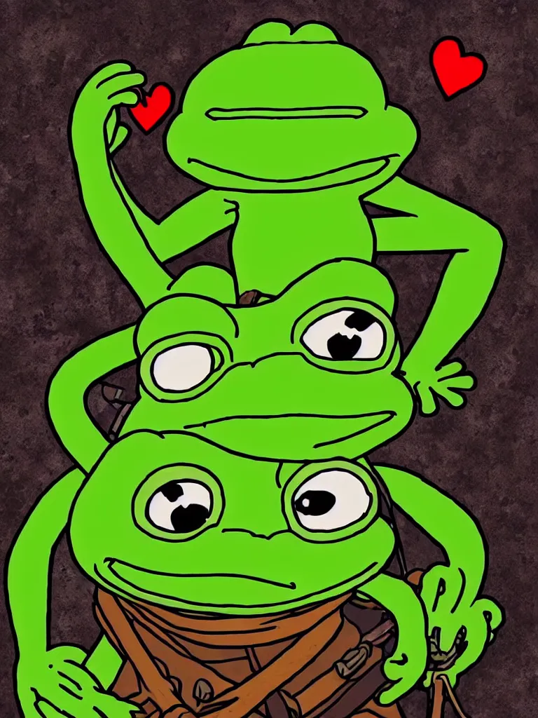 Prompt: resolution hyper realistic cave raider weathered background happiness of pepe love and life read dead redemption 2 pepe the frog primordial pepe dragon worshiped by tiny pepe adventurers the value of love a clear prismatic of love, warm ,pepe the frog , art in the style of Akihito Tsukushi and and Arnold Lobel , claymation
