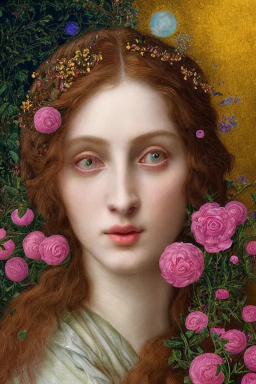 Image similar to elaborately Hyper detailed pre-raphaelite illustration of an extremely beautiful regal young attractive woman, surreal, flowers, pink bubbles, bright background, moonlight, very coherent symmetrical artwork high fantasy professionally painted digital art painting, smooth, sharp focus, highly detailed illustration highlights, golden ratio, 8K detail post-processing, symmetrical facial features, rich deep moody colors, award winning picture, trending on ArtstationHQ