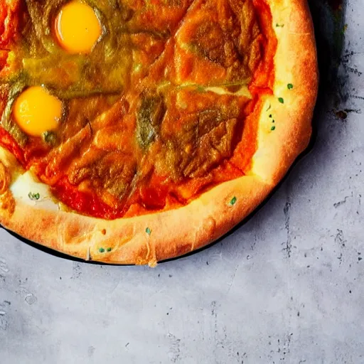 Image similar to a delicious fried egg deep dish pizza with green ketchup sauce.