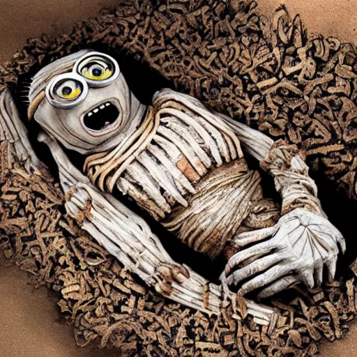 Image similar to photograph of a disgusting decomposing minion mummy lying in its sarcophagus, highly detailed