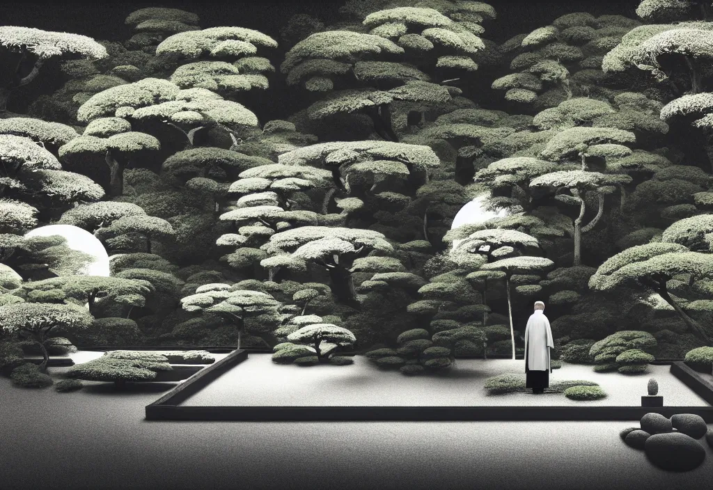 Image similar to a lone priest tending a zen garden kyoto, japan, a collage painting, in the style of wes anderson, lola dupre, david hockney, isolated on negative white space background dark monochrome fluorescent neon spraypaint accents volumetric octane render