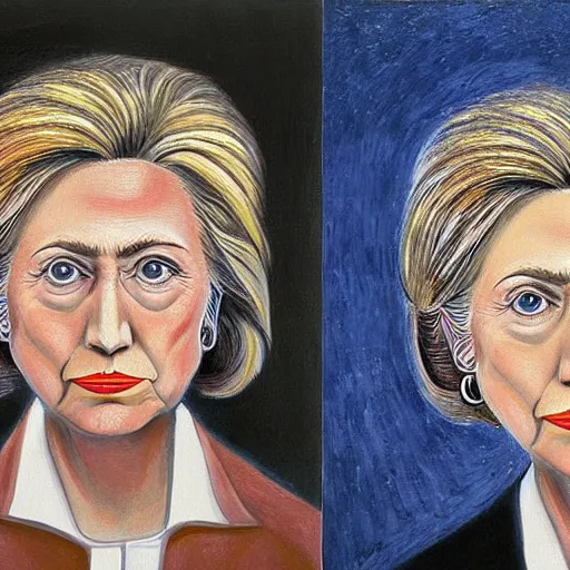 Image similar to beautiful surreal detailed portrait of hillary clinton wearing white earrings, painted by max ernst