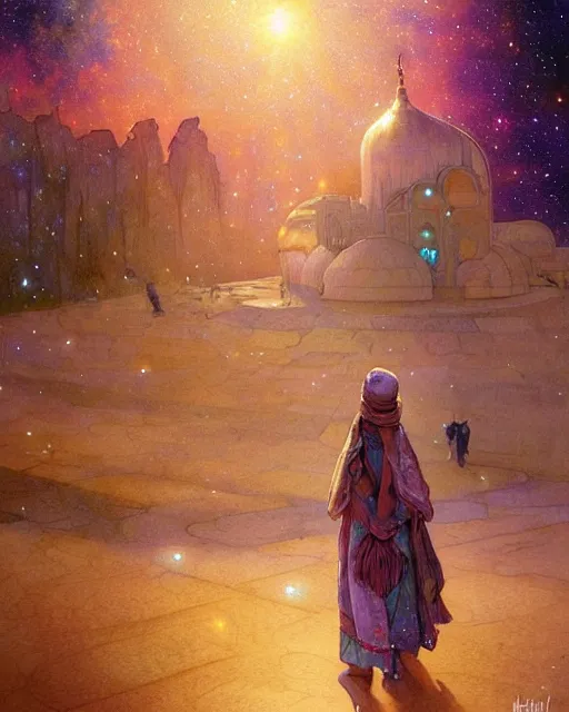 Image similar to bedouin child praying in galaxy walking towards mosque surrounded by nebula, highly detailed, gold filigree, romantic storybook fantasy, soft cinematic lighting, award, disney concept art watercolor illustration by mandy jurgens and alphonse mucha and alena aenami, pastel color palette, featured on artstation