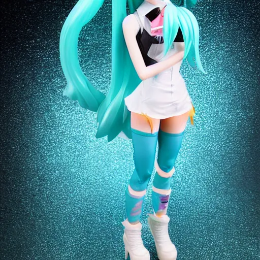 Image similar to putin cosplay hatsune miku isolated vinyl figure, figure photography, dynamic pose, holographic undertones, motion shapes color design, glitter accents on figure, anime stylized, sharp focus, accurate fictional proportions, high delicate defined details, ethereal lighting