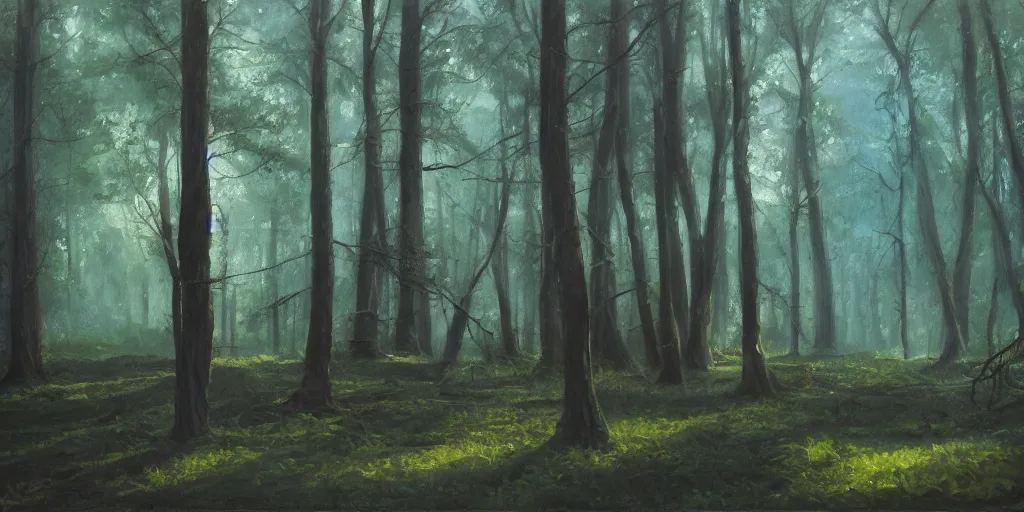 Prompt: The woods, cinematic lighting, detailed oil painting, hyperrealistic, 8k