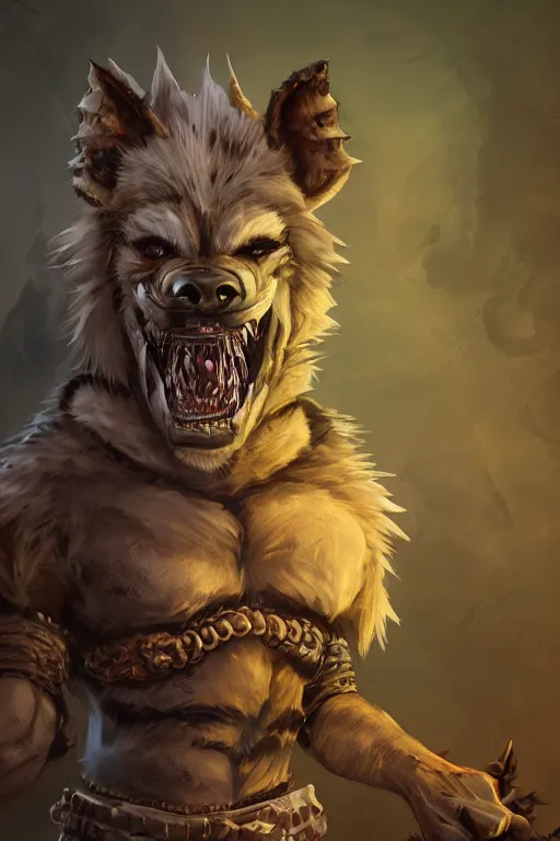 Prompt: scary villain, growling, DND gnoll character, hyena, high fantasy, tribal, World of Warcraft, anthropomorphic character, splashcreen character art, videogame, artstationhd, trending on artstation, detailed fur, beautiful cinematic, mortal kombat, wild dog, gnoll, monster,