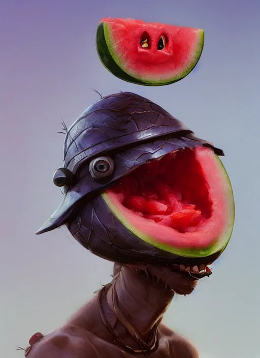 Image similar to hyper realistic photography portrait of smiling goblin with a watermelon helmet cinematic, greg rutkowski, brom, james gurney, mignola, craig mullins, artstation, cgsociety
