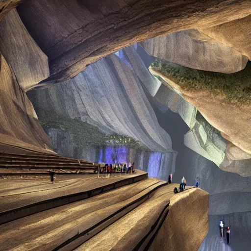 Prompt: canyon with steep rock walls on each side and a constructed stage in the center with people putting on a performance, high quality digital art, cinematic lighting, 4 k, concept art