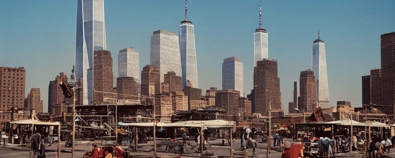 Prompt: spaghetti stand with the world trade center in the distance, growing out of the dirt, kodachrome, in the style of wes anderson, retro