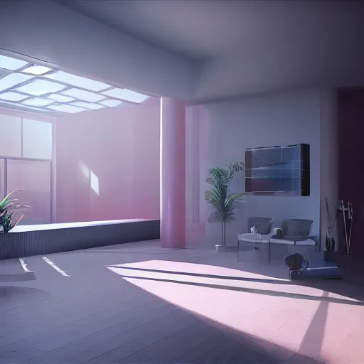 Image similar to a white empty pink office with sun rays looming down, with a pool inside, dynamic lighting, photorealistic concept art, trending on art station, stunning visuals, creative, cinematic, ultra detailed, ray tracing