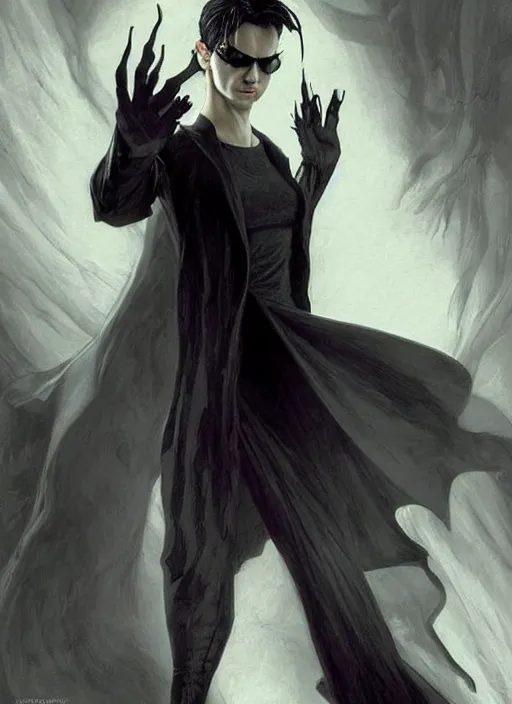 Image similar to neo from matrix 1 as sandman, with fingers and hair turning into smoke, vertigo, full figure dynamic fighting pose, pale skin!, gothic, black overcoat, fantasy, intricate, elegant, highly detailed, digital painting, artstation, concept art, wallpaper, smooth, sharp focus, illustration, art by artgerm and greg rutkowski and alphonse mucha