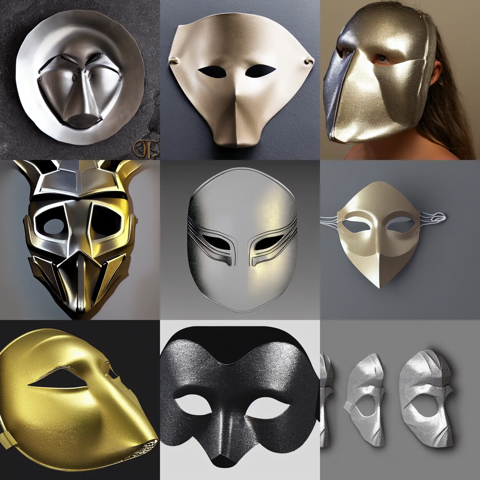 Prompt: concept design for a solid plate metallic mask