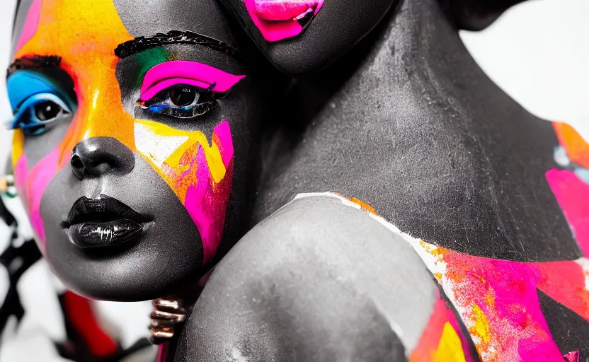 Image similar to close up portrait of extremely beautiful female black marble statue in the style of virgil abloh, colorful motocross logos behind her, sharp focus, clear, detailed,, cinematic, detailed, off white, glamourous, symmetrical, vogue, editorial, fashion, magazine shoot, glossy