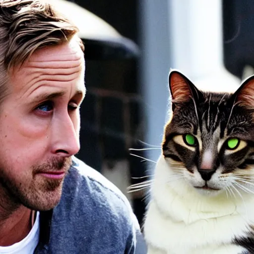 Image similar to ryan gosling getting mugged by a cat