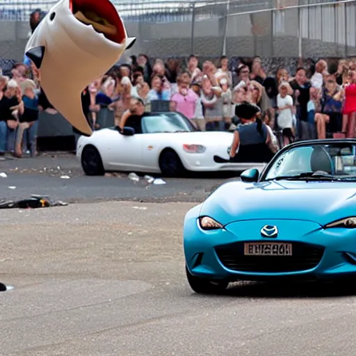 Prompt: a mazda mx-5 jumping through a hoop on fire, a crowd of people are sitting on benches in the background, there's a shark in a tank visible